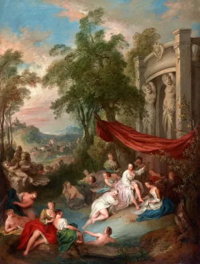 Female Bathers Near A Fountain Nymphs Bathing In A Pool