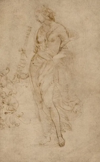 Female Figure With A Tibia And Ornamental Studies