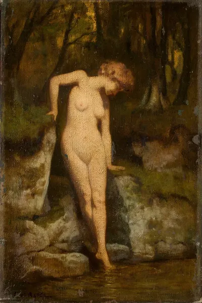 Female Nude Against Landscape