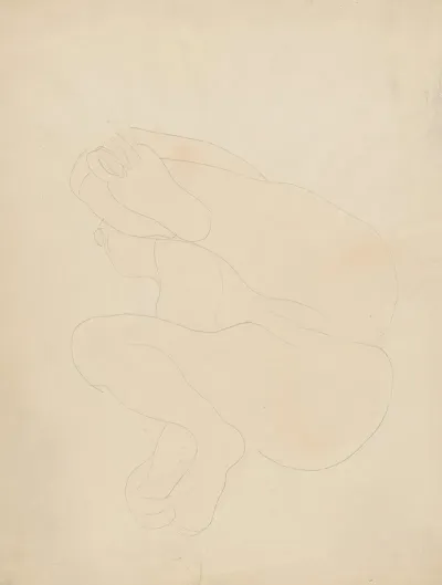 Female Nude Reclining On Back Knees Raised Hands On Feet