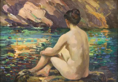 Female Nude Seated On A Rock Reflections