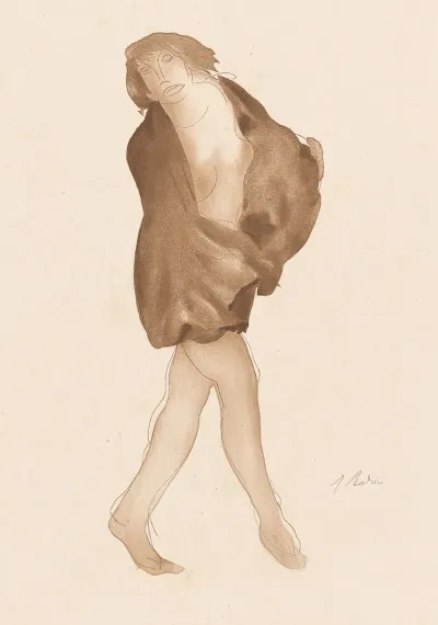 Female Nude Standing Brown Wrap Around Shoulders And Lower Torso
