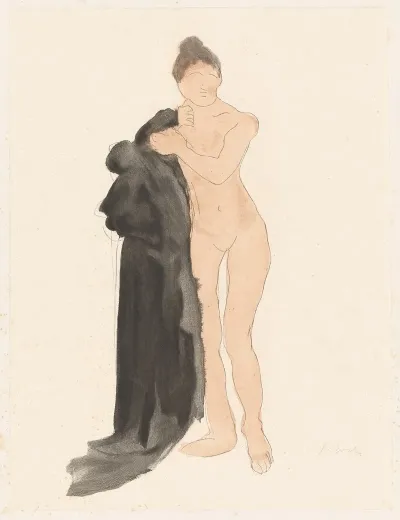 Female Nude Standing Holding Long Black Cape At Her Right With Left Hand