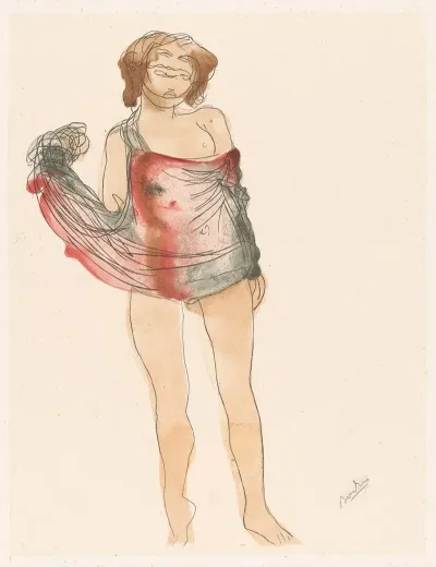 Female Nude Standing Sheer Red And Black Material Wrapped Around Her Torso