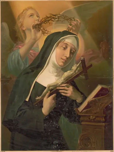 Female Saint Holding Crucifix While Crown Of Thorns Is Placed On Her Head By An Angel 2