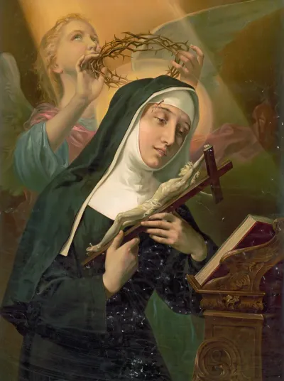 Female Saint Holding Crucifix While Crown Of Thorns Is Placed On Her Head By An Angel