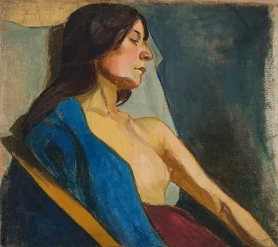 Female Semi Nude In A Blue Scarf