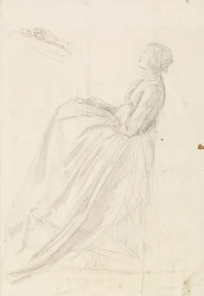 Female Sketch Of A Seated Woman Holding Lamp