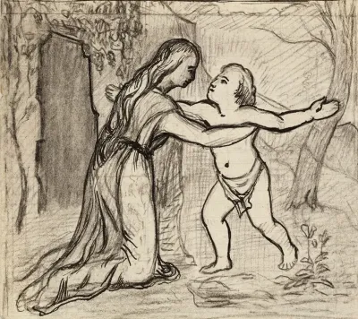 Femme Agenouillee Devant Un Enfant Dans Un Paysage