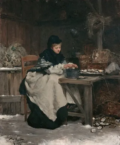 Femme Assise A Une Table Se Rechauffant Les Mains Apres Avoir Ouvert Des Huitres