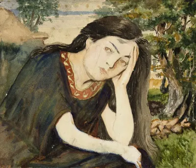 Femme Assise Aux Cheveux Longs La Tete Appuyee Dans La Main Gauche