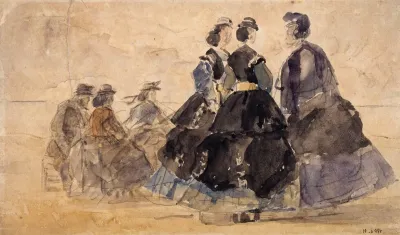 Femme Assise Et Divers Personnages Au Bord De La Mer