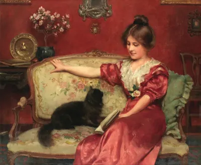 Femme Assise Et Son Chat