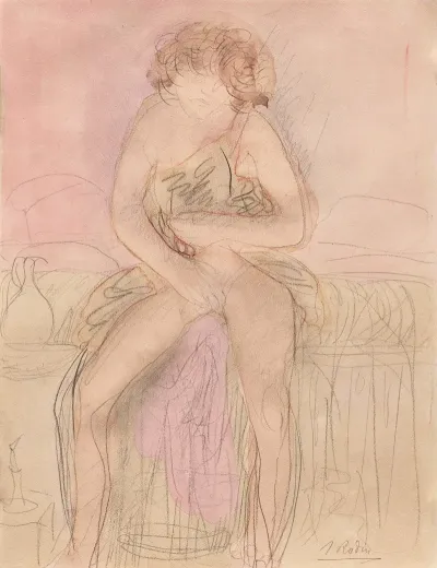 Femme Assise Sur Un Lit Avec Carafe Et Bougeoir