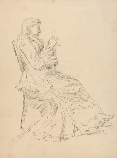 Femme Assise Sur Une Chaise Tricotant De Profil Croquis