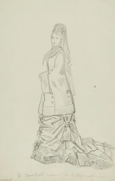 Femme Avec Coiffe A Voile En Manteau Boutonne Sur Les Cotes Sur Longue Robe Ornee De Noeuds Et Bordee Dun Rang De Vola