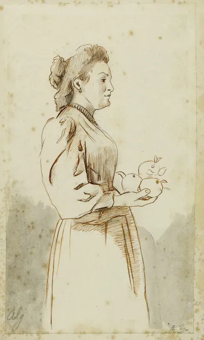 Femme De Profil Vers La Droite Tenant Trois Oranges
