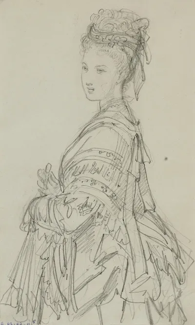 Femme De Trois Quarts Avec Coiffe Chale Sur Les Epaules Et Ombrelle Repliee