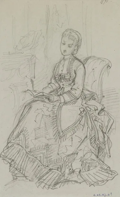 Femme En Robe A Volants Assise Et Lisant Pres Dune Cheminee