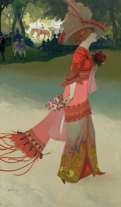 Femme En Rouge Ou Elegante Aux Courses