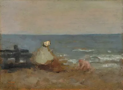 Femme Et Enfant Au Bord De La Mer Etretat