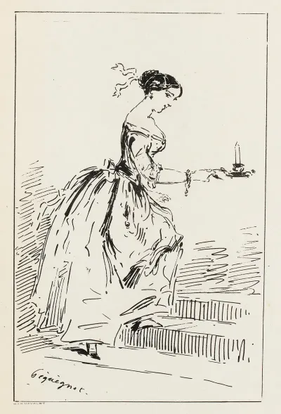 Femme Montant Un Escalier Bougeoir A La Main De Profil Allant Vers La Droite