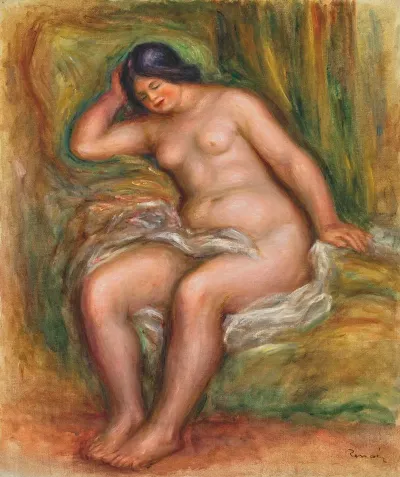 Femme Nue Assise Appuyee Sur Un Coussin Vert Nu Assis
