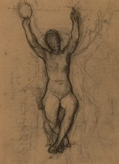 Femme Nue Assise De Face Les Deux Bras Leves