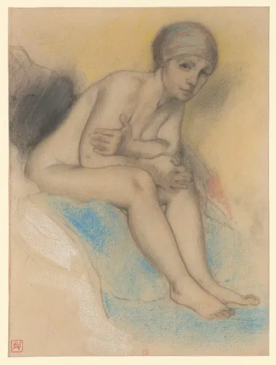 Femme Nue Assise Un Bonnet Sur La Tete