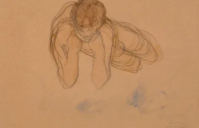 Femme Nue Couchee De Face Sur Le Flanc Droit Accoudee Et Les Poings Au Menton