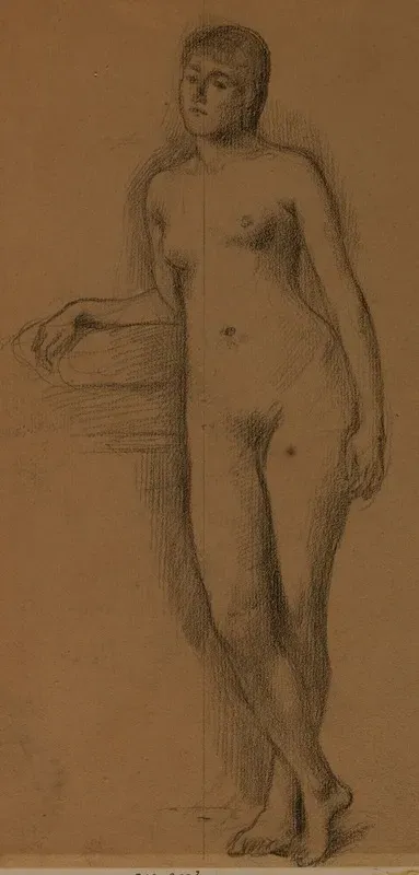 Femme Nue Debout De Face Coude Et Avant Bras Droit Appuyes