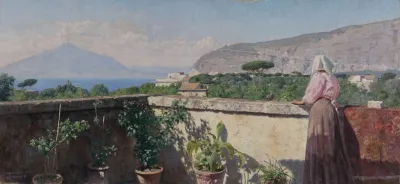 Femme Sur La Terrasse De Lhotel Cocumella Vue Sur Le Vesuve