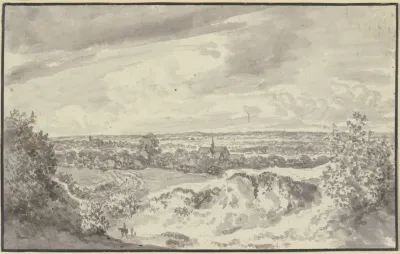 Fernsicht Mit Einer Stadt Vorne Ein Reiter Und Zwei Fusganger