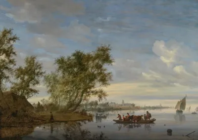 Ferry Boat With Cattle On The River Vecht Near Nijenrode