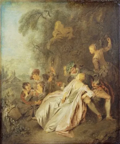 Fete Galante With Six Figures Near A Fountain