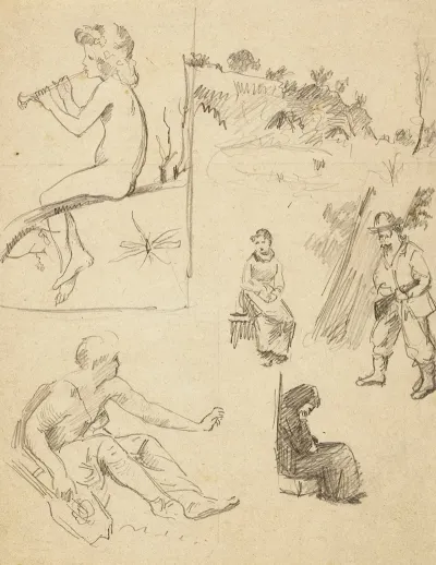 Feuille Avec Six Etudes Dont Un Paysage Deux Femmes Assises Un Chasseur Un Enfant Nu Jouant De La Flute