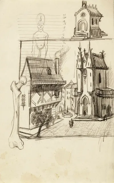 Feuille Detudes Avec Une Ville Medievale Un Femur Un Pharaon