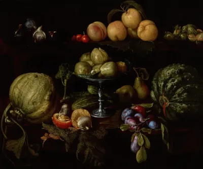 Figs On A Tazza With Pears Quinces Melons Plums Mushrooms On A Table With Figs Cherries Peaches And Acorns On A Ledge Above