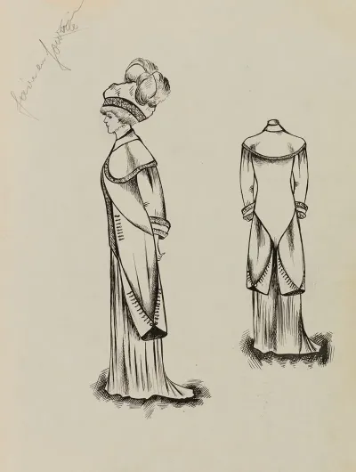 Figure De Femme De Profil Portant Un Manteau Sur Robe Longue Et Un Grand Chapeau