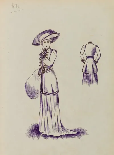 Figure De Femme De Trois Quart Portant Un Manteau Court Sur Robe Longue Un Manchon De Fourrure Et Un Grand Chapeau