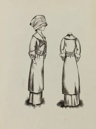 Figure De Femme De Trois Quart Portant Un Manteau Sur Robe Longue Et Un Grand Chapeau 12