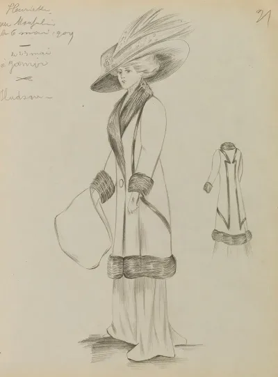Figure De Femme De Trois Quart Portant Un Manteau Sur Robe Longue Et Un Grand Chapeau 3
