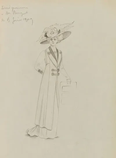 Figure De Femme De Trois Quart Portant Un Manteau Sur Robe Longue Et Un Grand Chapeau 6