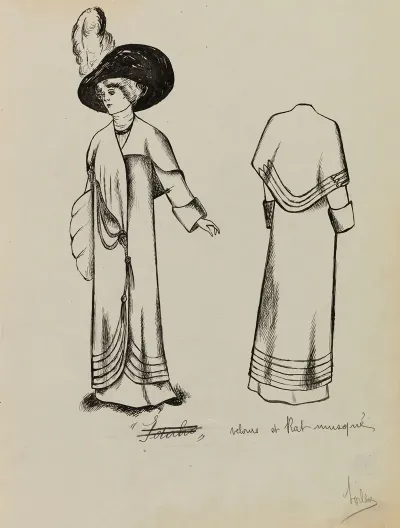 Figure De Femme De Trois Quart Portant Un Manteau Sur Une Robe Longue Et Un Grand Chapeau
