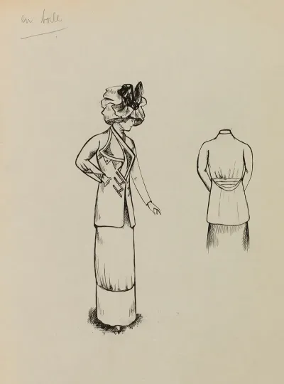Figure De Femme De Trois Quart Portant Une Veste Sur Robe Longue Et Un Grand Chapeau