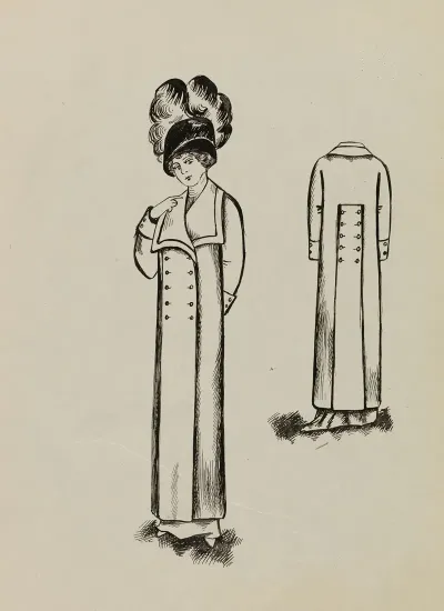 Figure De Femme De Trois Quarts Portant Un Manteau Sur Une Robe Longue Et Un Grand Chapeau