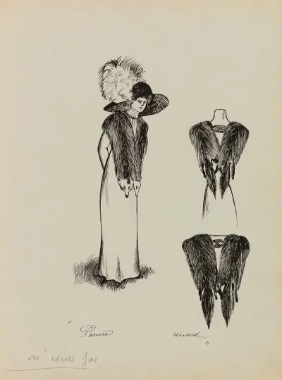 Figure De Femme De Trois Quarts Portant Une Echarpe De Renard Sur Une Robe Longue Et Un Grand Chapeau