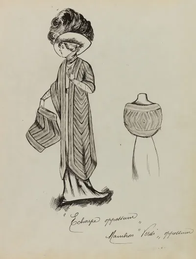 Figure De Femme De Trois Quarts Portant Une Echarpe Et Un Manchon Sur Une Robe Longue Et Un Grand Chapeau
