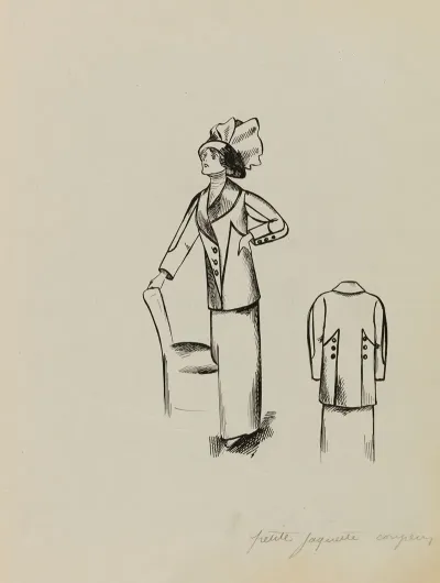 Figure De Femme De Trois Quarts Portant Une Jaquette Avec Longue Jupe Et Un Chapeau
