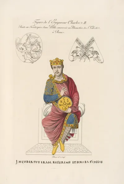 Figure De Lempereur Charles Ii Peinte Au Frontispice Dune Bible Conservee Au Monastere De St Calixte A Rome